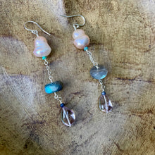 Load image into Gallery viewer, Freshwater Pearls, Labradorite and high quality Pink Amethyst Sterling silver Dangle Earrings
