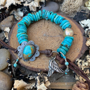 Natural Large Turquoise Heishi, Turquoise button Angel wing bracelet