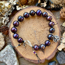 Load image into Gallery viewer, Single row Piano Black Freshwater Pearls with Sterling Angel Wing Clasp and Fleur de Lis
