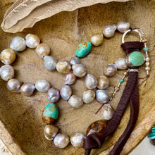 Load image into Gallery viewer, Metallic Edison Pearls Turquoise Nuggets Carlin Turquoise Button Necklace
