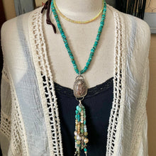 Load image into Gallery viewer, Turquoise and gemstone fringe necklace with turquoise and leather neckline
