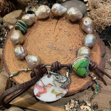 Load image into Gallery viewer, Rustic Edison Pearl Green Turquoise Heart button bracelet
