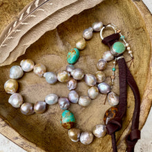 Load image into Gallery viewer, Metallic Edison Pearls Turquoise Nuggets Carlin Turquoise Button Necklace
