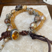 Load image into Gallery viewer, Double row Citrine, Edison Pearl, Lampwork Artisan Citrine button bracelet

