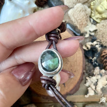 Load image into Gallery viewer, Rustic Silver Edison Pearl leather knotted Labradorite Button Bracelet
