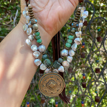 Load image into Gallery viewer, Double Strand Mandela Silver Keshi Pearl Raw Emeralds and Turquoise Necklace
