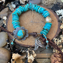 Load image into Gallery viewer, Natural Large Turquoise Heishi, Turquoise button Angel wing bracelet
