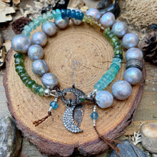 Load image into Gallery viewer, Double row Silver Blue Edison Pearls with Apatite Pave Diamond Clasp bracelet
