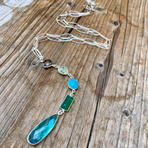 Faceted Gemstones Sterling Silver Long Loopy Necklace