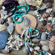 Load image into Gallery viewer, Turquoise and gemstone fringe necklace with turquoise and leather neckline
