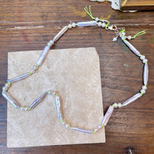 Load image into Gallery viewer, Luminous White Stick and Round Pearls Lime Green knotted Necklace
