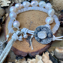 Load image into Gallery viewer, Moonstone and White Aura Edison Pearl double strand bracelet

