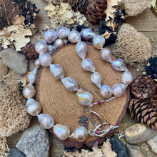 Load image into Gallery viewer, Luminous Pastel Baroque Pearls knotted Necklace large Sterling Push Clasp
