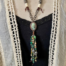 Load image into Gallery viewer, Turquoise Connector necklace with gemstone fringe, bone and leather neckline

