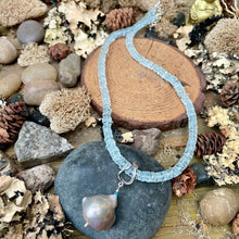 Load image into Gallery viewer, SALE Aquamarine Tyre Beaded Necklace with Baroque Pearl Pendant
