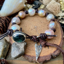 Load image into Gallery viewer, Rustic Silver Edison Pearl leather knotted Labradorite Button Bracelet
