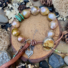 Load image into Gallery viewer, Golden Bronze Edison Pearls Custom Royston Ribbon Turquoise Button Bracelet
