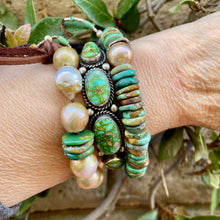 Load image into Gallery viewer, Native American Roland Dixon Sterling Southwestern Five Stone Sonoran Gold Turquoise Cuff
