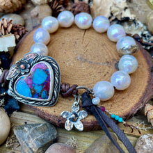 Load image into Gallery viewer, Natural Metallic White Edison Pearl Blue Turquoise Heart flower bracelet
