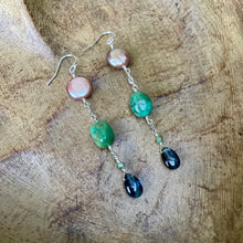 Load image into Gallery viewer, Freshwater Coin Pearls, Turquoise and Kyanite Briolette Sterling silver Dangle Earrings

