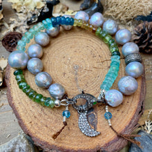 Load image into Gallery viewer, Double row Silver Blue Edison Pearls with Apatite Pave Diamond Clasp bracelet
