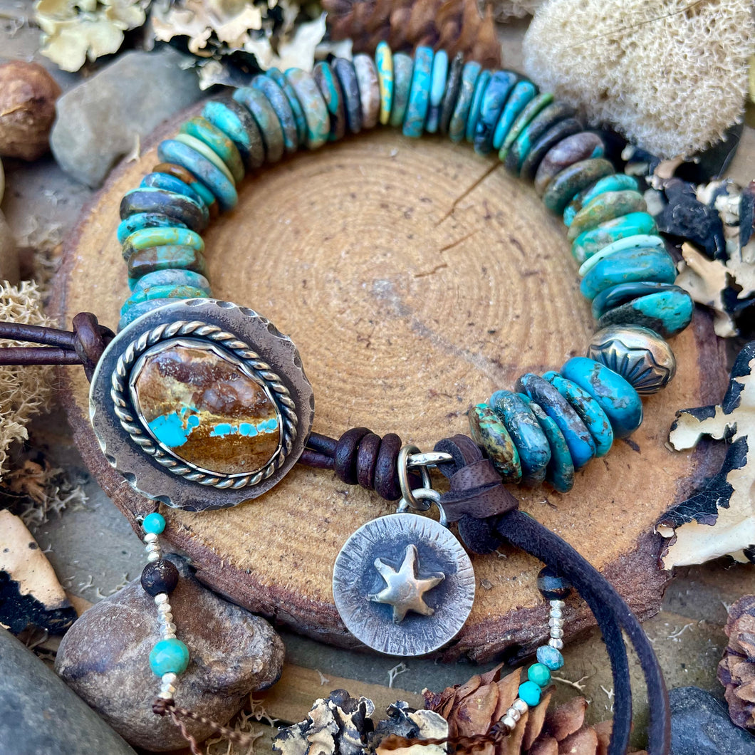 SALE Blue Turquoise Heishi Custom Royston Ribbon Turquoise Button Bracelet