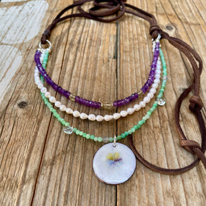 Jadeite, Baroque Pearl Amethyst Gemstone Hand Enameled Pendant Necklace