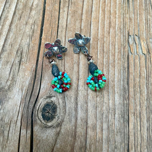 Sterling Silver Flower Posts, petite bead dangle earrings