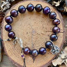 Load image into Gallery viewer, Single row Piano Black Freshwater Pearls with Sterling Angel Wing Clasp and Fleur de Lis
