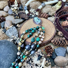 Load image into Gallery viewer, Turquoise Connector necklace with gemstone fringe, bone and leather neckline
