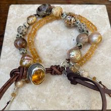 Load image into Gallery viewer, Double row Citrine, Edison Pearl, Lampwork Artisan Citrine button bracelet
