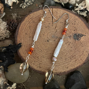 Long Beaded Stick Pearl Carnelian Topaz Earrings