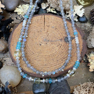 Petite Labradorite, Aquamarine, Lemon Quartz Cubes and Pearl Necklace with Sterling balls