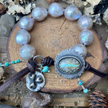 Load image into Gallery viewer, SALE Large Natural Silver Blue Edison Pearls Custom Royston Ribbon Turquoise Button Bracelet
