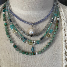 Load image into Gallery viewer, Petite Labradorite, Aquamarine, Lemon Quartz Cubes and Pearl Necklace with Sterling balls
