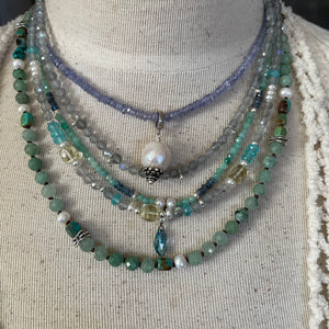 Petite Labradorite, Aquamarine, Lemon Quartz Cubes and Pearl Necklace with Sterling balls