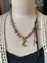 Load image into Gallery viewer, Baroque Golden Edison Pearls Artisan Gold Bronze Moon and Heart Button Necklace
