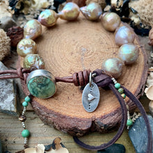 Load image into Gallery viewer, Golden Bronze Edison Pearls Custom GreenTurquoise Button Bracelet
