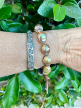 Load image into Gallery viewer, Golden Bronze Edison Pearls Custom GreenTurquoise Button Bracelet
