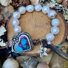 Load image into Gallery viewer, Natural Metallic White Edison Pearl Blue Turquoise Heart flower bracelet
