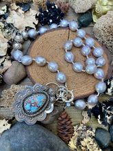 Load image into Gallery viewer, SALE Silver Edison Pearl Golden Hills Turquoise Necklace
