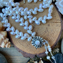 Load image into Gallery viewer, Luminous Natural Freshwater Rice Pearls with custom artisan mabe pearl pendant
