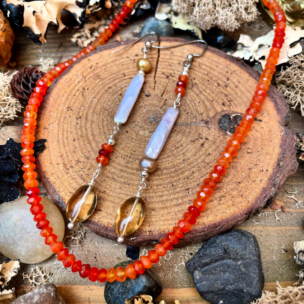 Long Beaded Stick Pearl Carnelian Topaz Earrings