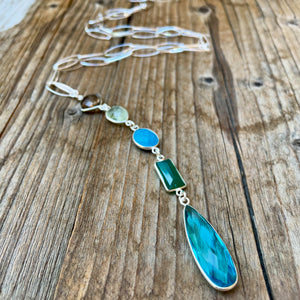 Faceted Gemstones Sterling Silver Long Loopy Necklace