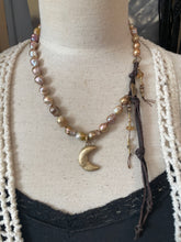 Load image into Gallery viewer, Baroque Golden Edison Pearls Artisan Gold Bronze Moon and Heart Button Necklace
