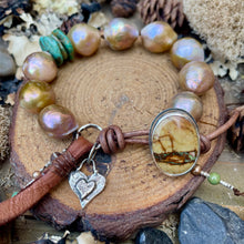 Load image into Gallery viewer, Golden Bronze Edison Pearls Custom Royston Ribbon Turquoise Button Bracelet
