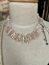 Load image into Gallery viewer, SALE Blush Pink Freshwater Biwa Pearl Topaz and Aqua Necklace
