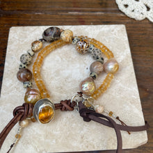 Load image into Gallery viewer, Double row Citrine, Edison Pearl, Lampwork Artisan Citrine button bracelet
