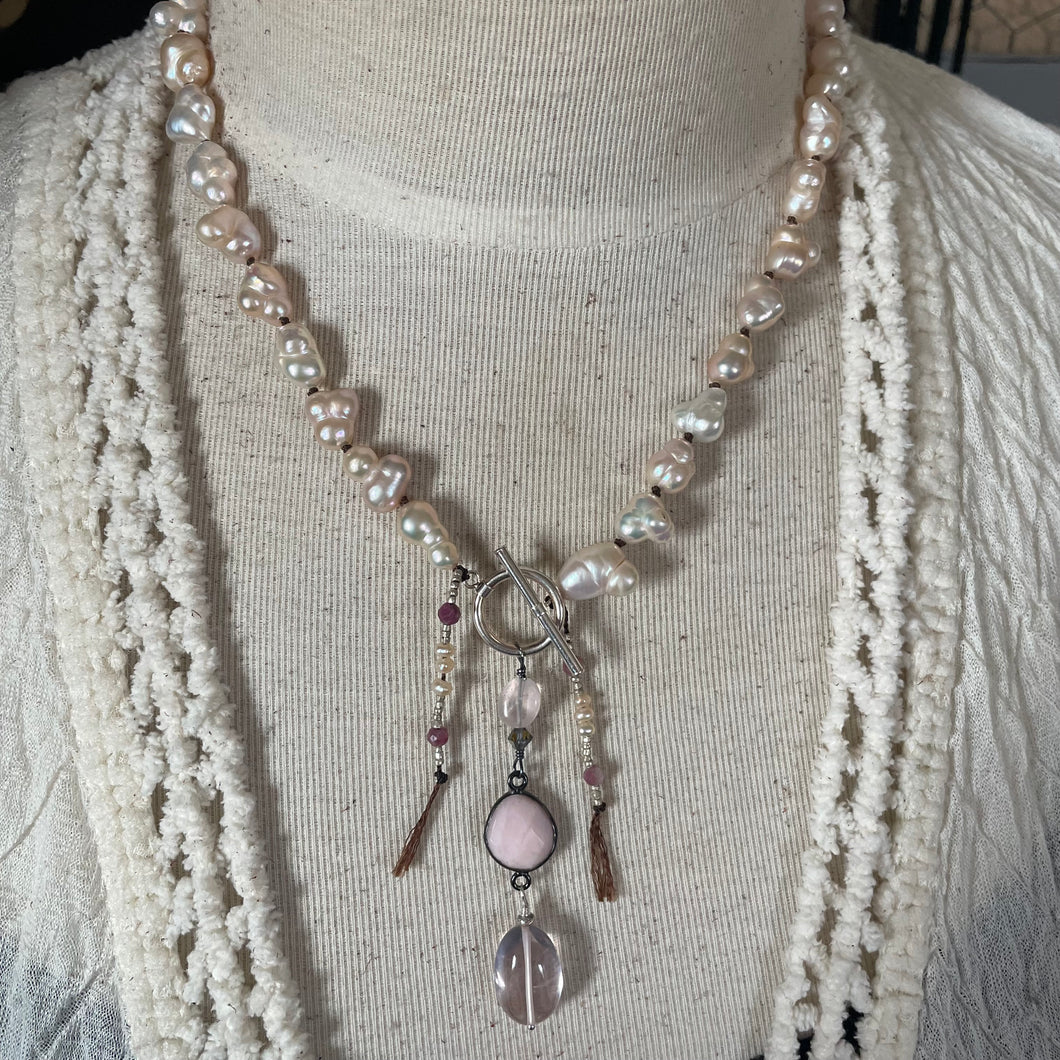 SALE Pale Pink Flawless Freshwater Pearl, Opal and Rose Quartz short Y Necklace