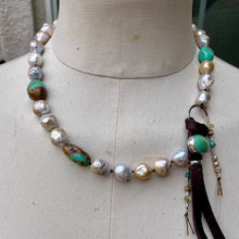 Load image into Gallery viewer, Metallic Edison Pearls Turquoise Nuggets Carlin Turquoise Button Necklace
